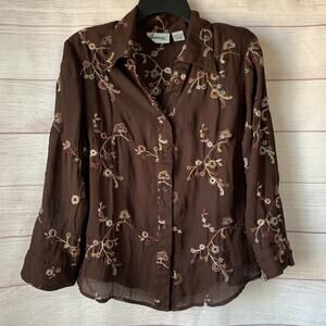 Vintage Joanna Brown Embroidered Floral Button Up Blouse Long Sleeve Size M